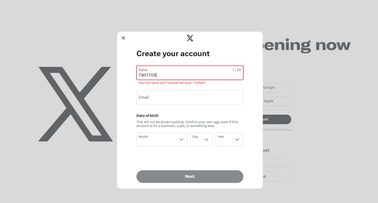 X rejects the word Twitter in signup